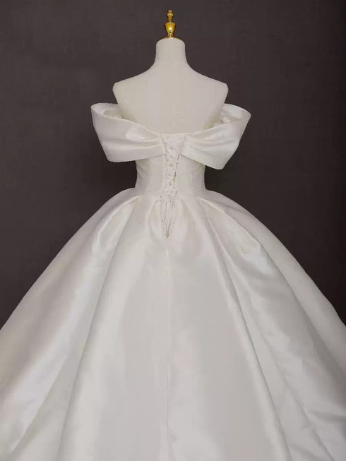 Off the Shoulder Wedding Dress - Simple White Wedding Dress - Corset Wedding Dress - Satin Ball Gown Plus Size